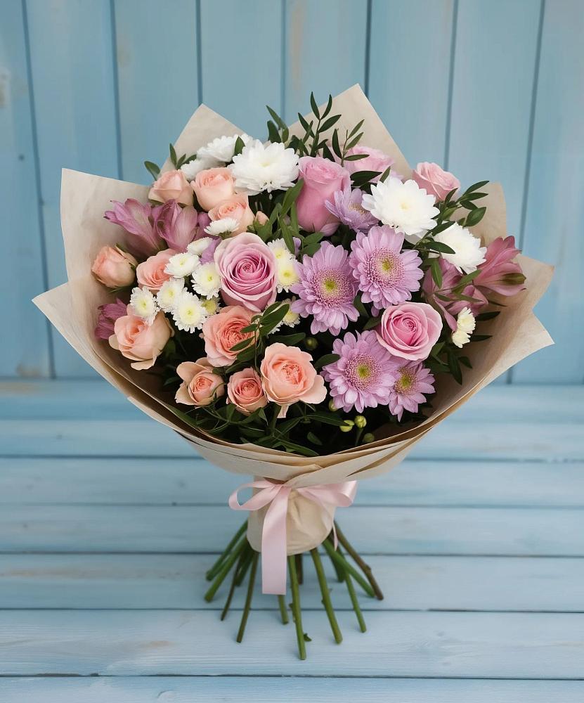 Букет цветов из: Хризантемы, Розы и Альстромерии в Дрожжино